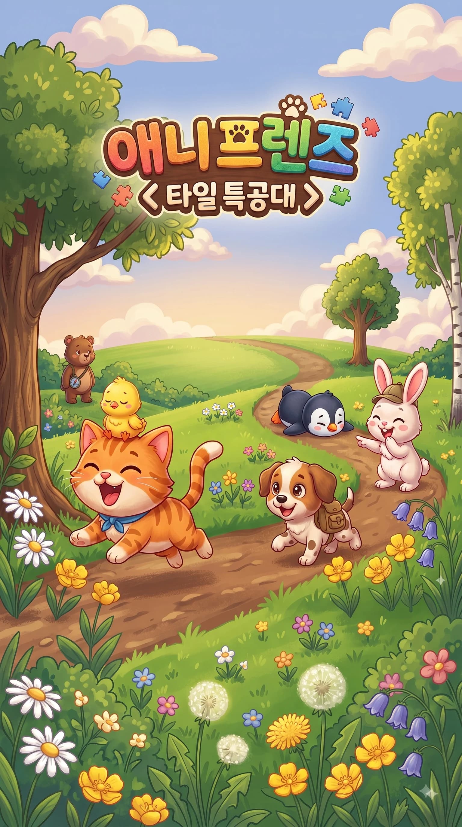 Ani Friends Tile Squad key art with a cat, puppy, rabbit, and animal friends running along a flower path