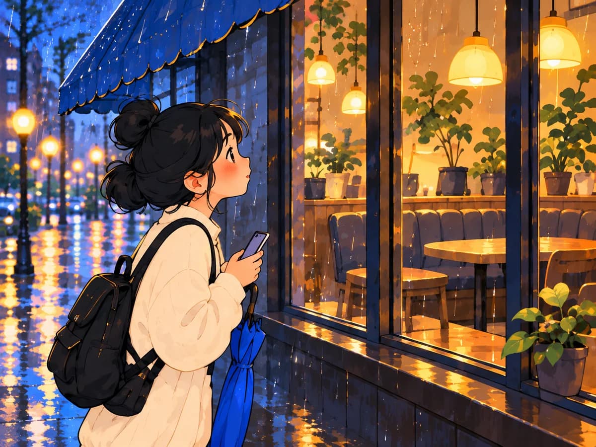 카페 앞에서 휴대전화를 든 사람의 일러스트